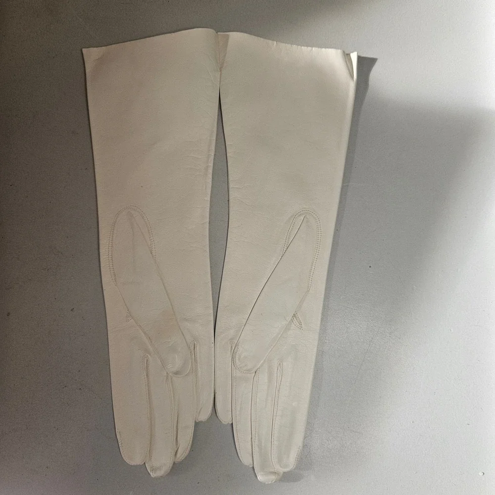 Vintage White Leather Opera Length Evening Gloves Size 7 Formal Wedding Long